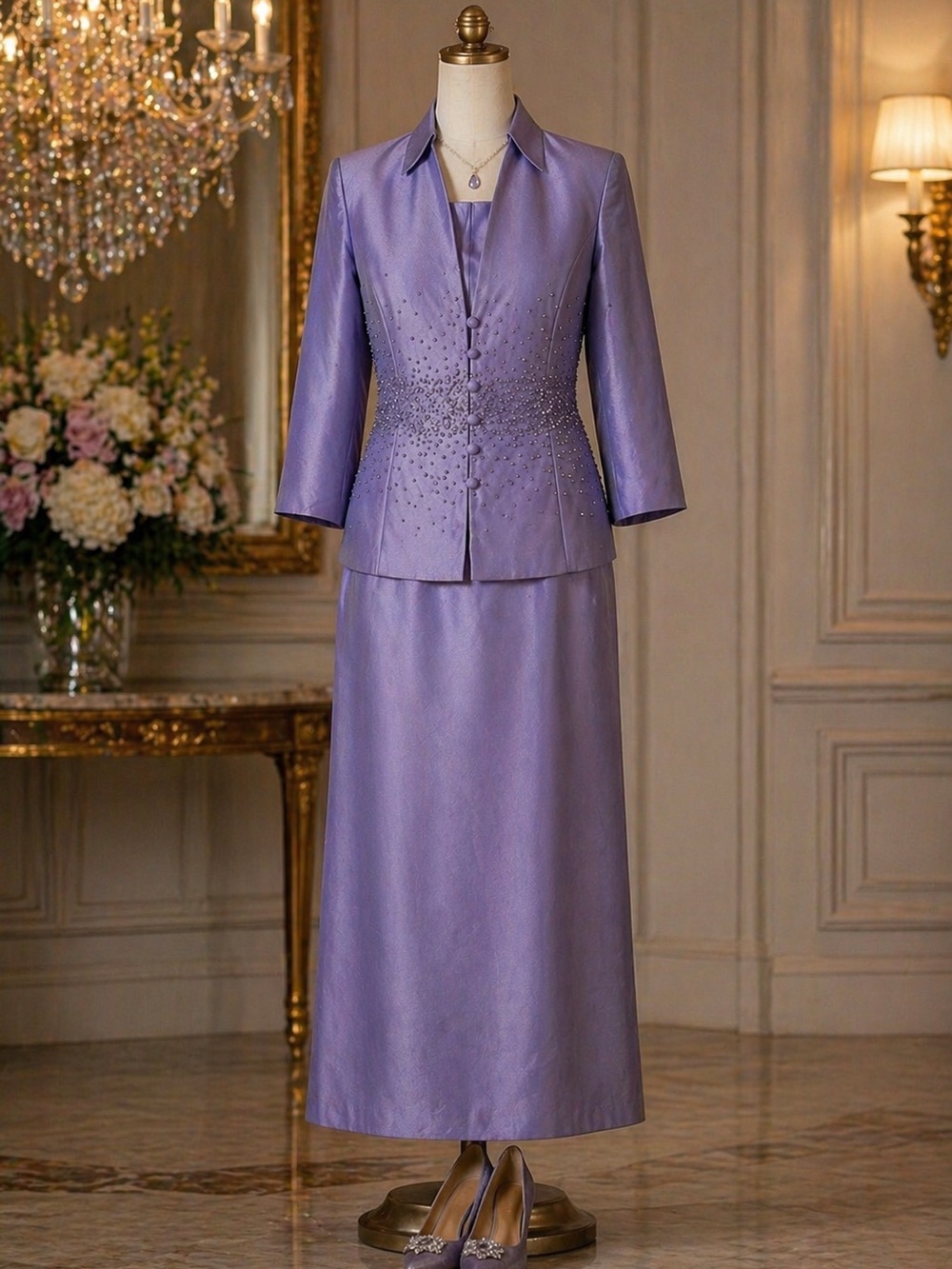 Jessica Howard Lavender Satin Beaded Jacket Dress Set Formal Mother of Bride